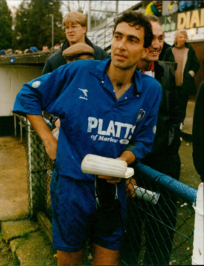 Marlow FC's Peter Rhoades-Brown expresses mixed emotions after his team's victory over Oxford United. - Vintage Photograph