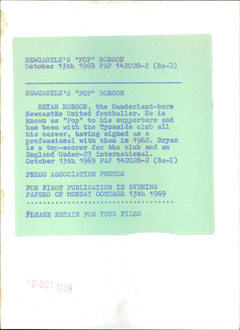 Newcastle United's Bryan "Pop" Robson poses for a portrait. - Vintage Photograph