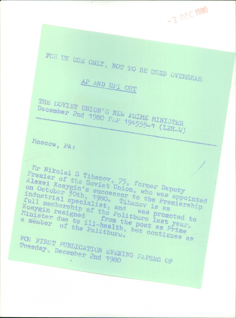 Former Deputy Prime Minister Nikolai Tikhonov is appointed Prime Minister of the Soviet Union on October 30th, 1980. - Vintage Photograph