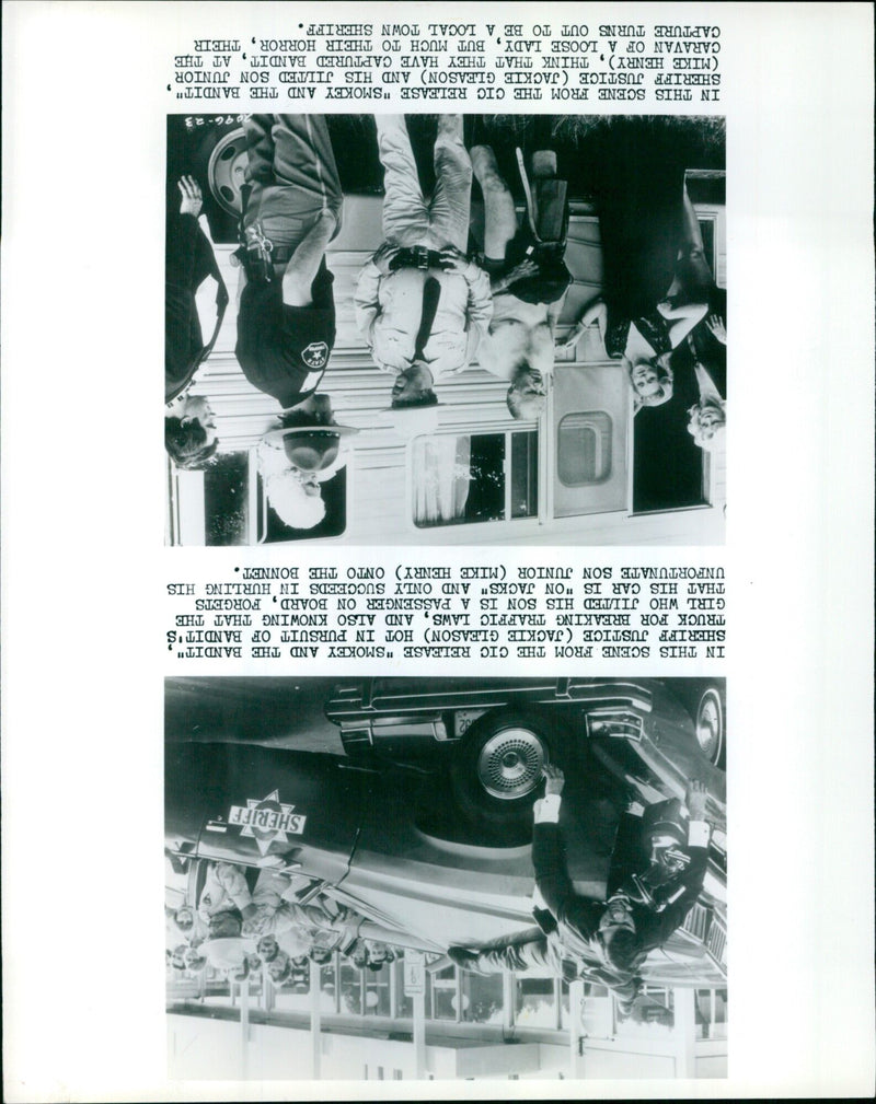 Sheriff Justice and his jilted son fail to capture Bandit in a scene from the movie "Smokey and the Bandit". - Vintage Photograph