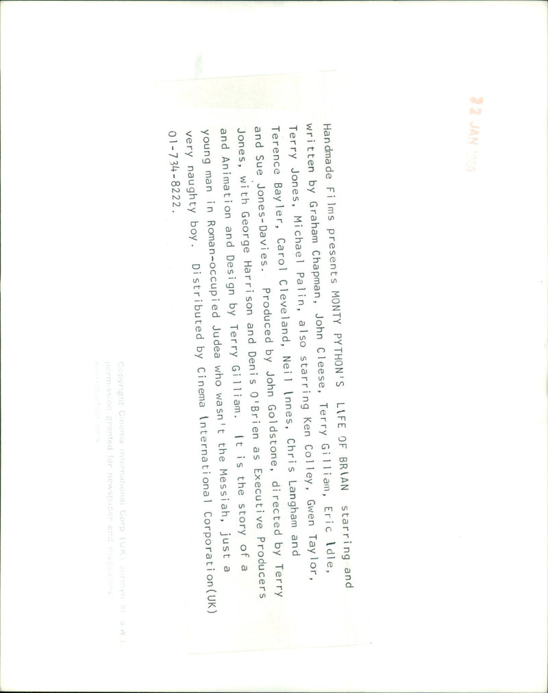 Cast of Monty Python's Life of Brian attend a film premiere in London on January 22, 1990. - Vintage Photograph