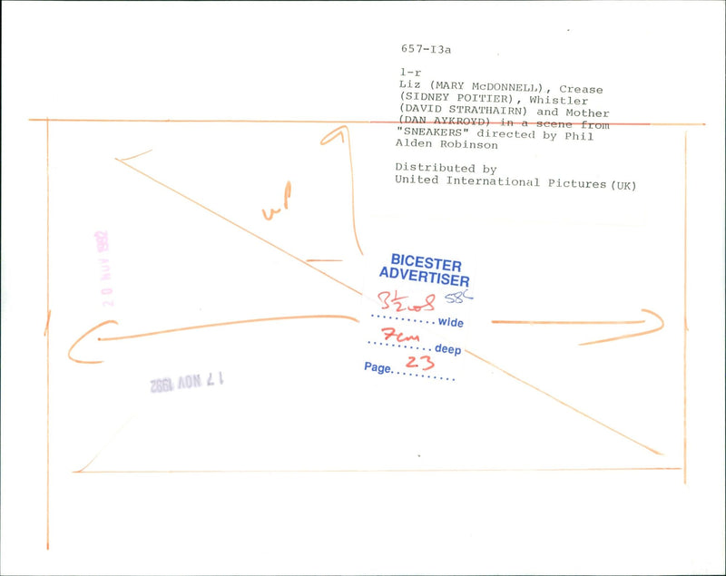 Mary McDonnell, Sidney Poitier, David Strathairn, and Dan Aykroyd in a scene from the film "Sneakers". - Vintage Photograph