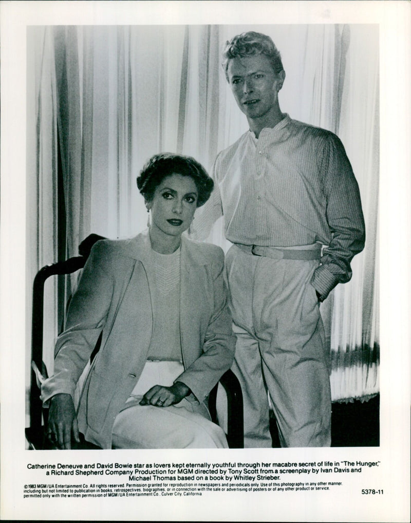 Catherine Deneuve and David Bowie in a scene from the 1983 film "The Hunger." - Vintage Photograph