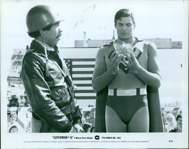 Christopher Reeve as Superman II in a promotional still from the 1983 Warner Bros. film. - Vintage Photograph