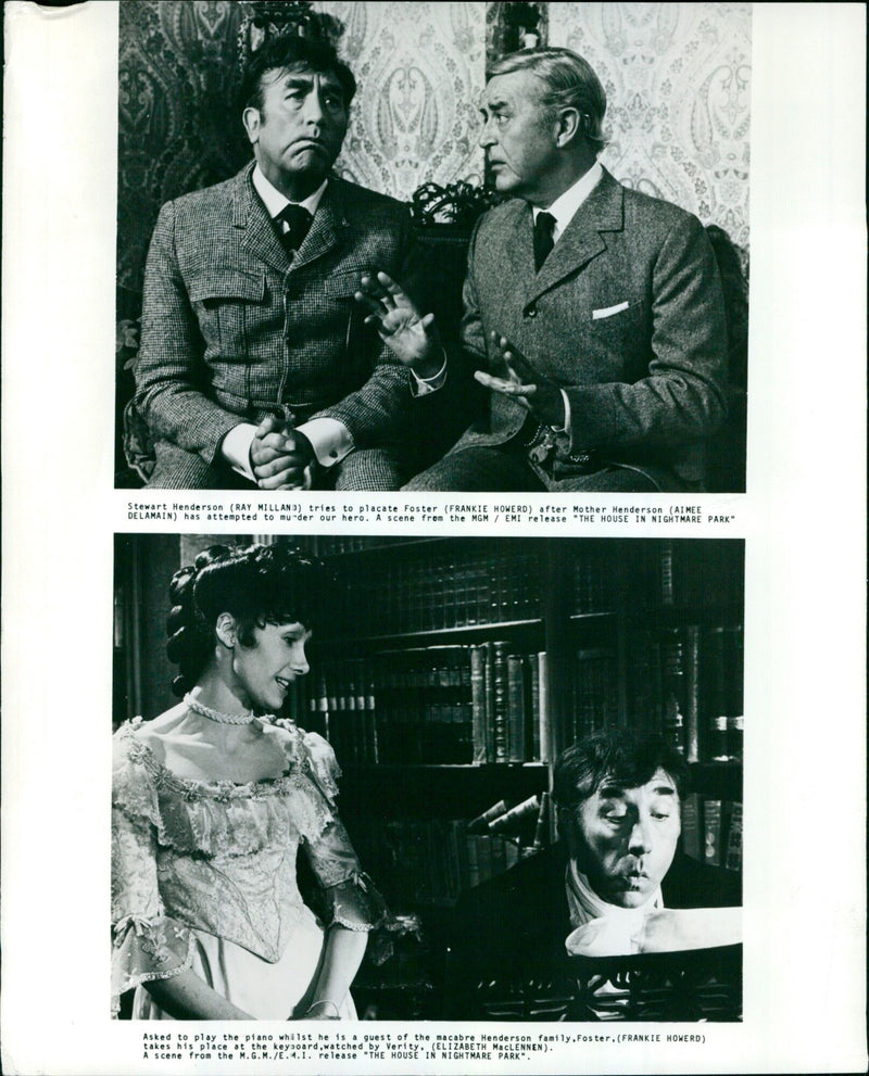 Stewart Henderson (Ray Milland) and Foster (Frankie Howerd) in a scene from the 1973 film "The House in Nightmare Park". - Vintage Photograph