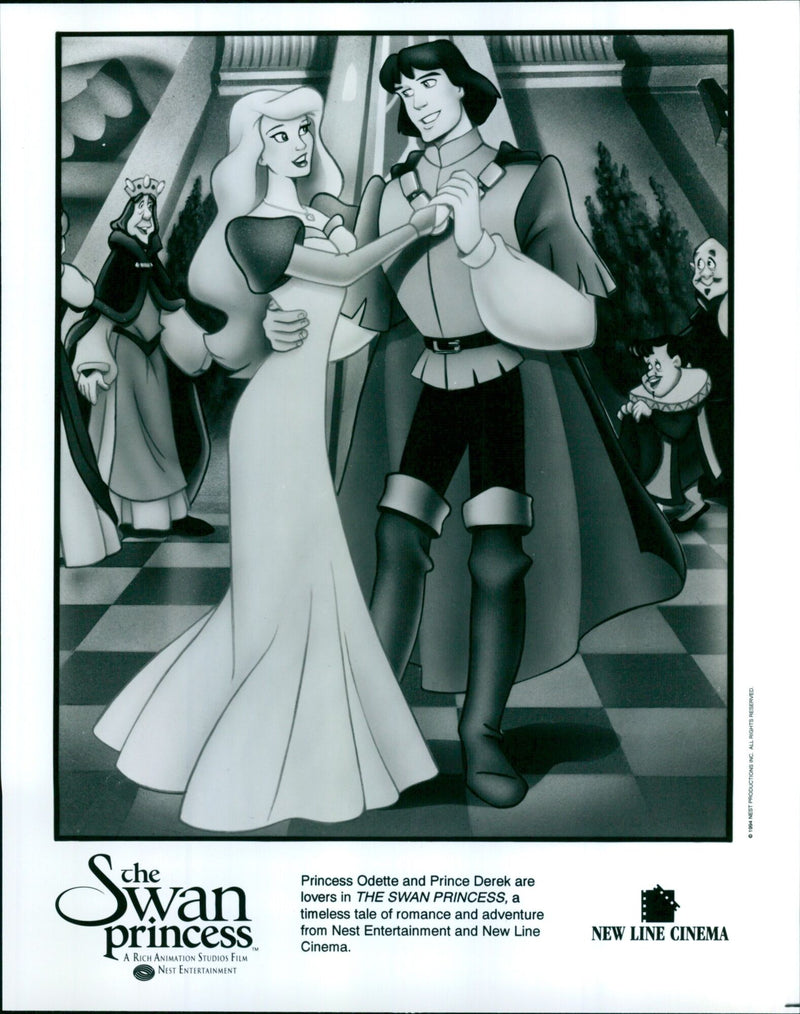 Princess Odette and Prince Derek embrace in a romantic moment from the animated film "The Swan Princess". - Vintage Photograph