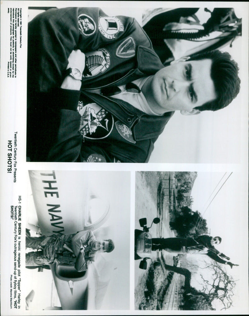 Cast members of Twentieth Century Fox's "Hot Shots!" film, including Charlie Sheen, are pictured on the set of the film. - Vintage Photograph