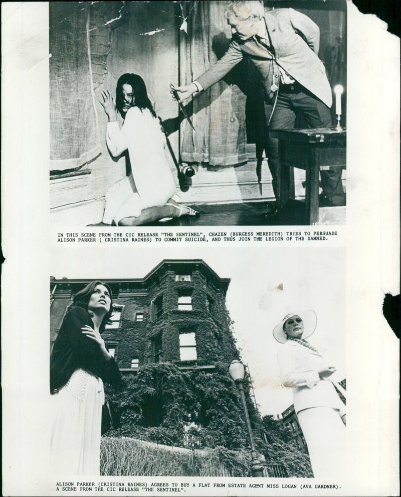 Cristina Raines and Burgess Meredith in a scene from the 1977 film "The Sentinel". - Vintage Photograph