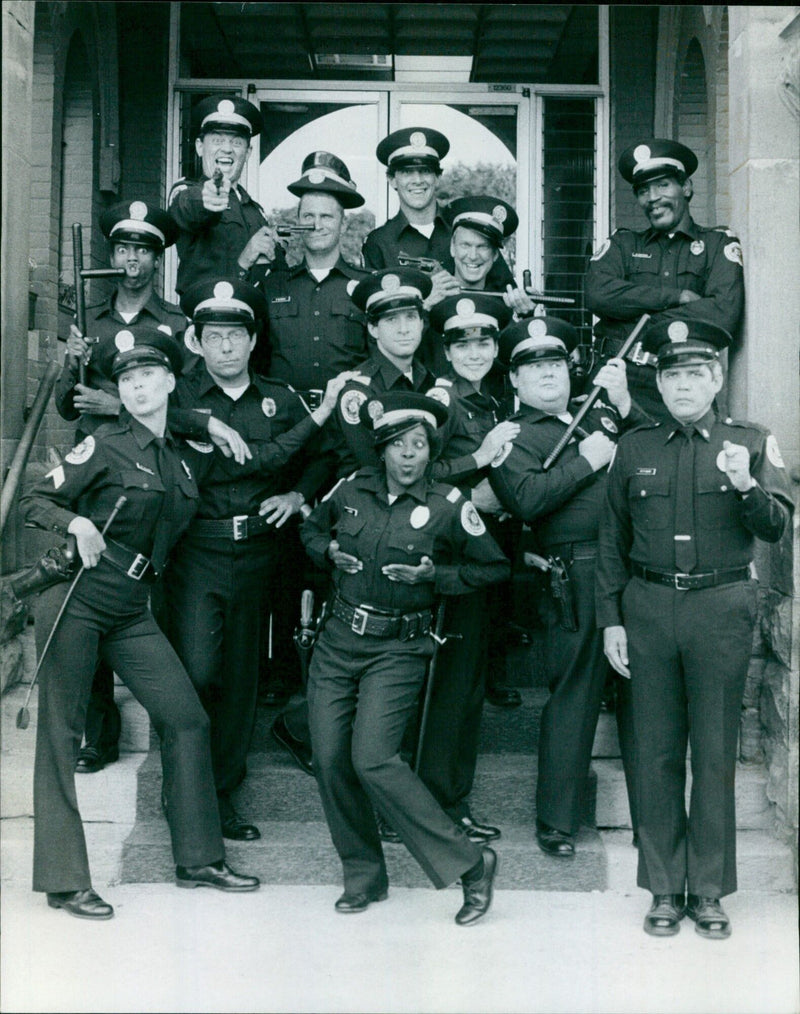 Police officers from the Police Academy film filming in Central London. - Vintage Photograph