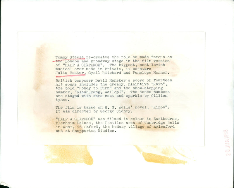 Tommy Steele re-creates his famous role in the film version of "HALF A SIXPENCE". - Vintage Photograph