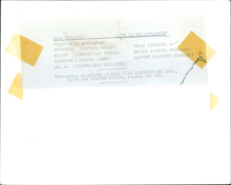 Eric Rohmer's film, "Love in the Afternoon," is featured in this press photo. - Vintage Photograph