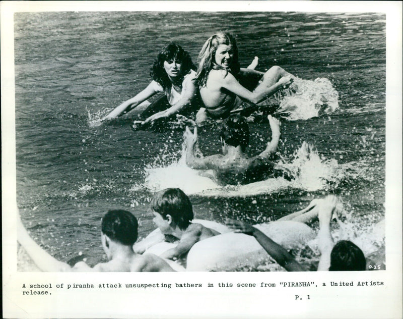 School of piranhas attack unsuspecting bathers in the film "PIRANHA". - Vintage Photograph