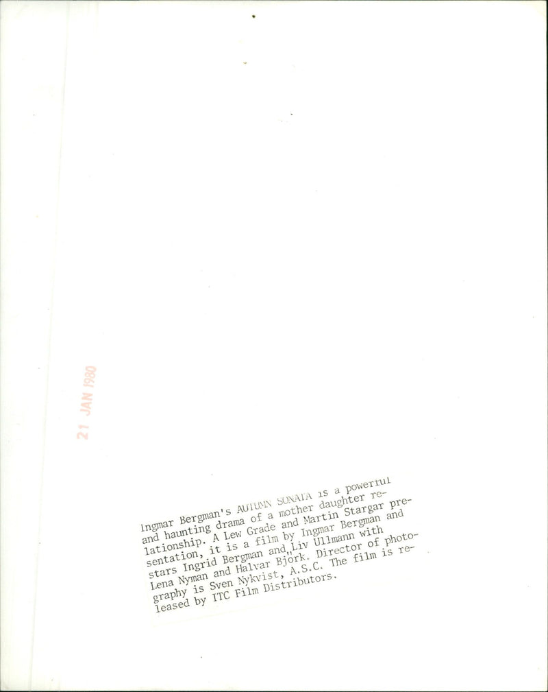 Ingrid Bergman and Liv Ullmann star in Ingmar Bergman's 1980 film AUTUMN SONATA. - Vintage Photograph