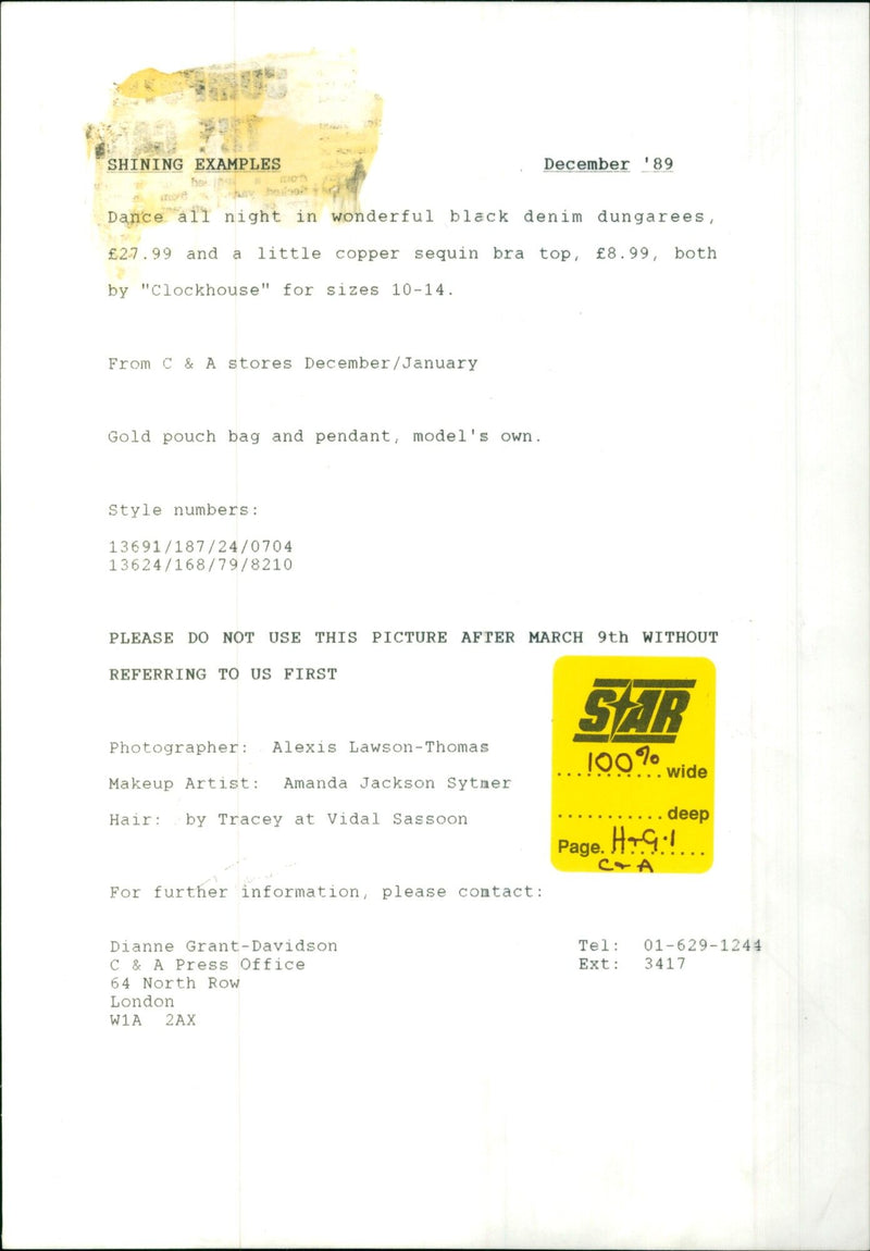 A model showcases a fashionable ensemble consisting of black denim dungarees and a copper sequin bra top. - Vintage Photograph