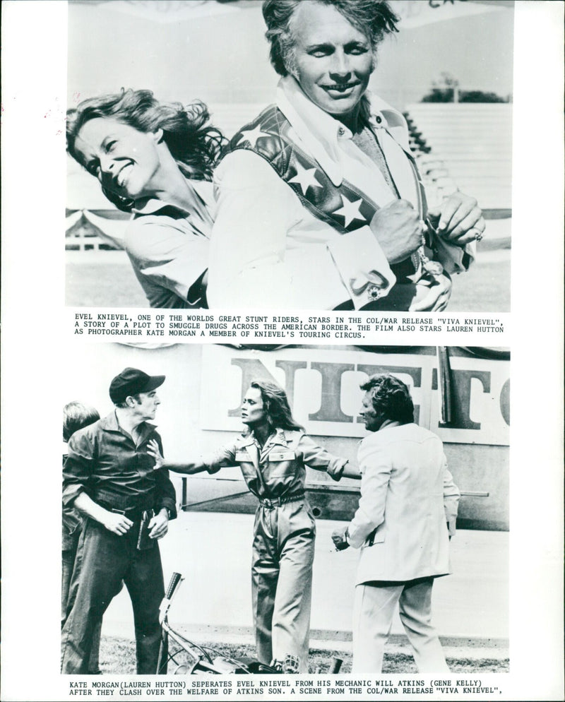 Evel Knievel and Lauren Hutton in a scene from the 1978 film "Viva Knievel." - Vintage Photograph