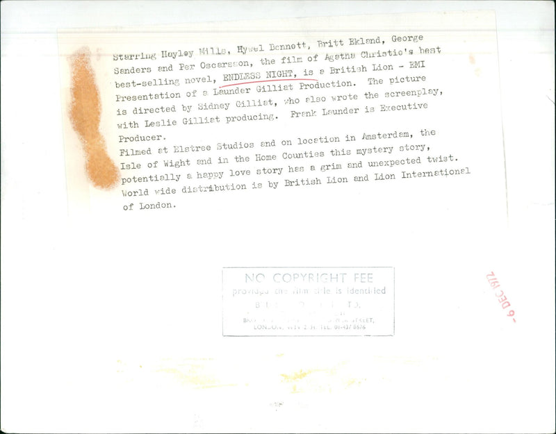 Hayley Mills stars in the film adaptation of Agatha Christie's novel Endless Night. - Vintage Photograph