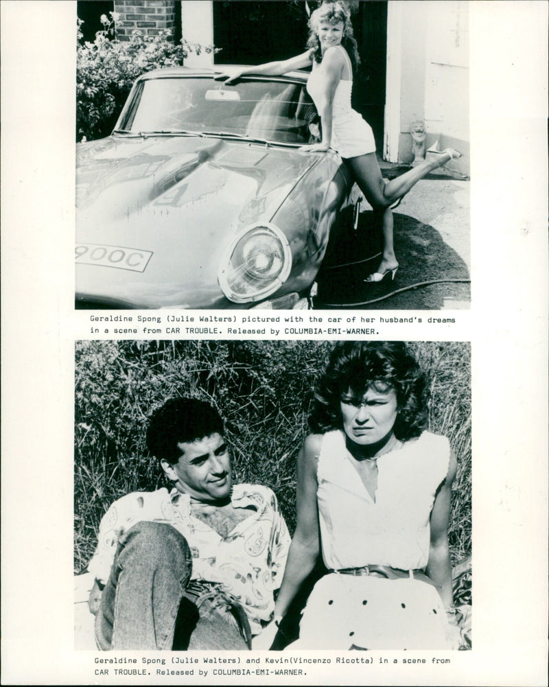 Geraldine Spong (Julie Walters) and Kevin (Vincenzo Ricotta) in a scene from the comedy film "Car Trouble." - Vintage Photograph
