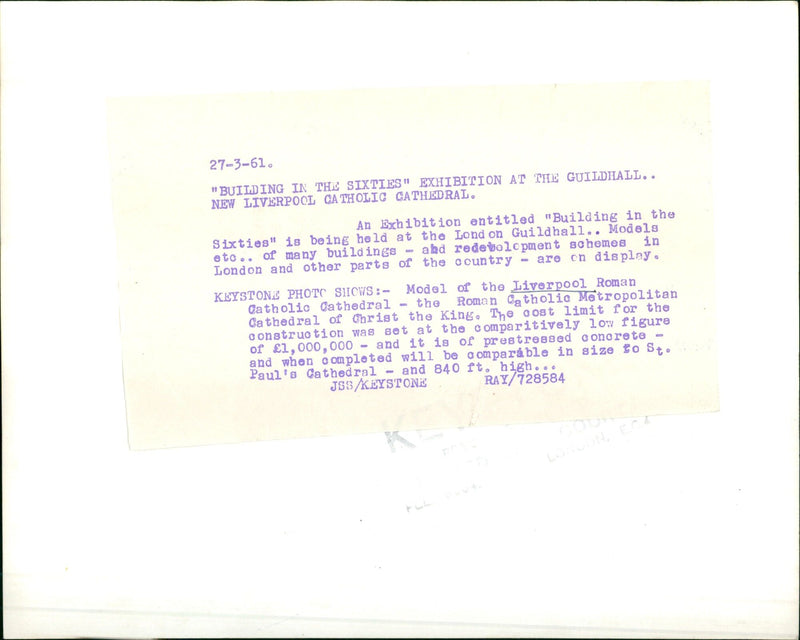 A model of the Roman Catholic Metropolitan Cathedral of Christ the King in Liverpool is on display at the "Building in the Sixties" Exhibition at the London Guildhall. - Vintage Photograph