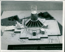 A model of the Roman Catholic Metropolitan Cathedral of Christ the King in Liverpool is on display at the "Building in the Sixties" Exhibition at the London Guildhall. - Vintage Photograph