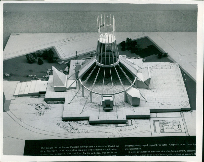 A model of the Roman Catholic Metropolitan Cathedral of Christ the King in Liverpool is on display at the "Building in the Sixties" Exhibition at the London Guildhall. - Vintage Photograph