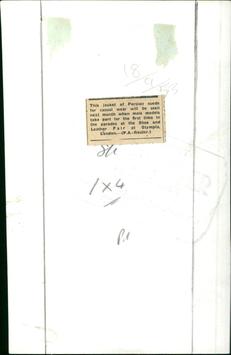 Male models will debut Persian suede jackets in the Shoe and Leather Fair at Olympia London next month. - Vintage Photograph