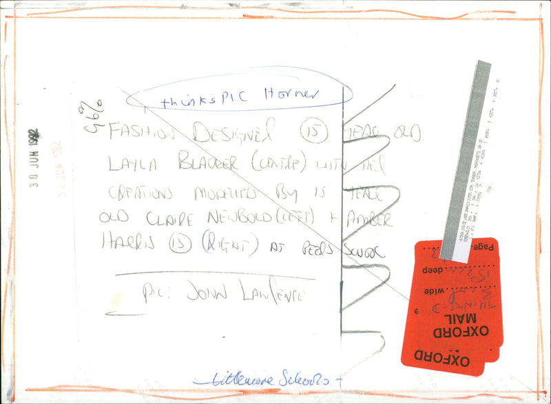 15-year-old Layla Blauder models a fashion design alongside models Clare Newbold and Amber Hards. - Vintage Photograph