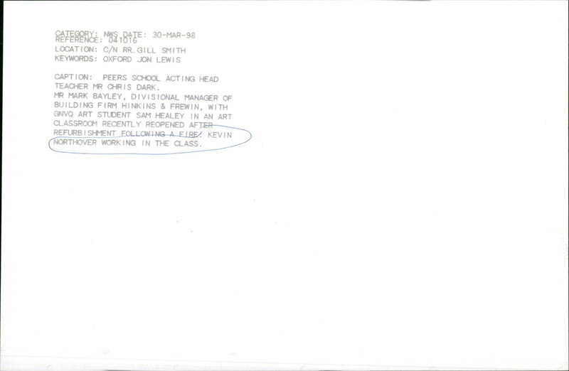 Peers School Acting Head Teacher Mr Chris Dark, Mark Bayley of Hinkins & Frewin, and GNVQ Art student Sam Healey in a recently refurbished art classroom. - Vintage Photograph