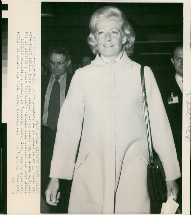 Mrs Frances Shand Kydd, the mother of Prince Charles's fiancee Lady Diana Spencer, arriving at London's Heathrow airport on February 26, 1981. - Vintage Photograph