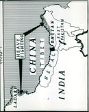 Map showing the areas along the Himalayan border where heavy fighting between Indian and Chinese troops has been taking place. - Vintage Photograph