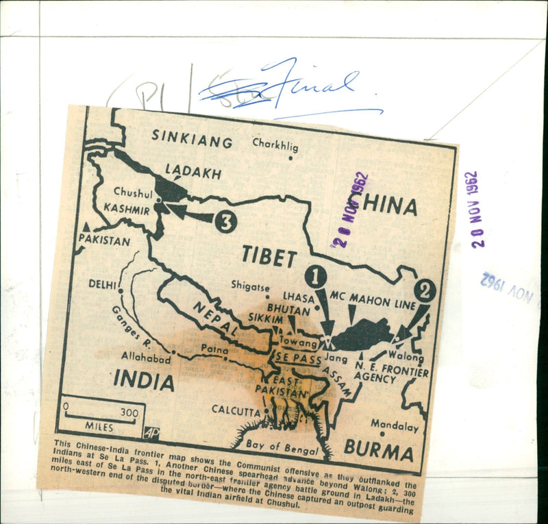 This map shows Chinese-India border tensions as Communist forces outflank Indian troops at Se La Pass. - Vintage Photograph