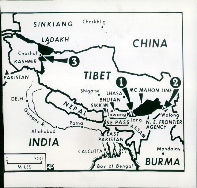 This map shows Chinese-India border tensions as Communist forces outflank Indian troops at Se La Pass. - Vintage Photograph