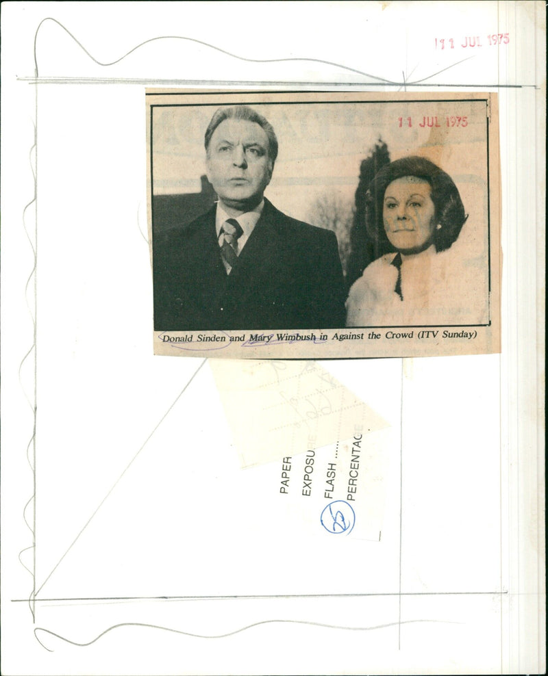 Donald Sinden and Mary Wimbush filming Against the Crowd. - Vintage Photograph