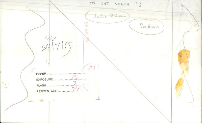 A man stands on a small boat in a river, illuminated by a flash of light. - Vintage Photograph