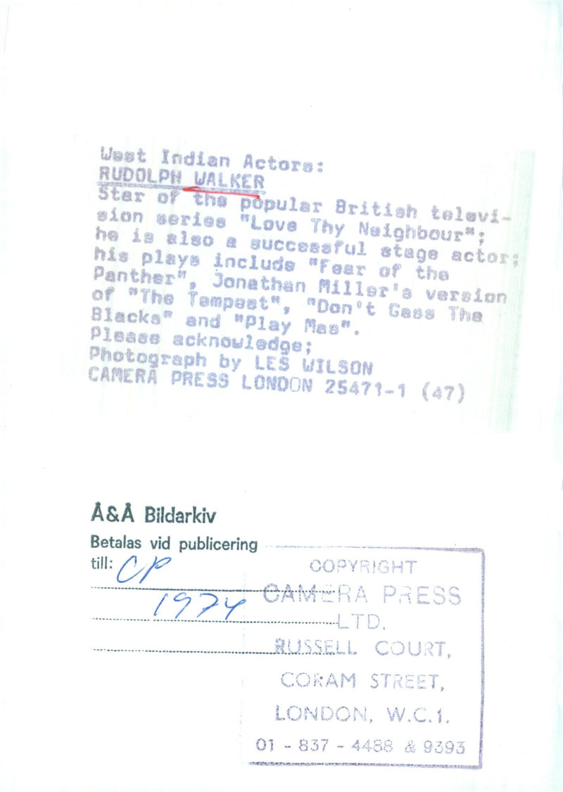 Actor Rudolph Walker poses for a camera in 1974 while in the middle of his successful stage and television career. - Vintage Photograph