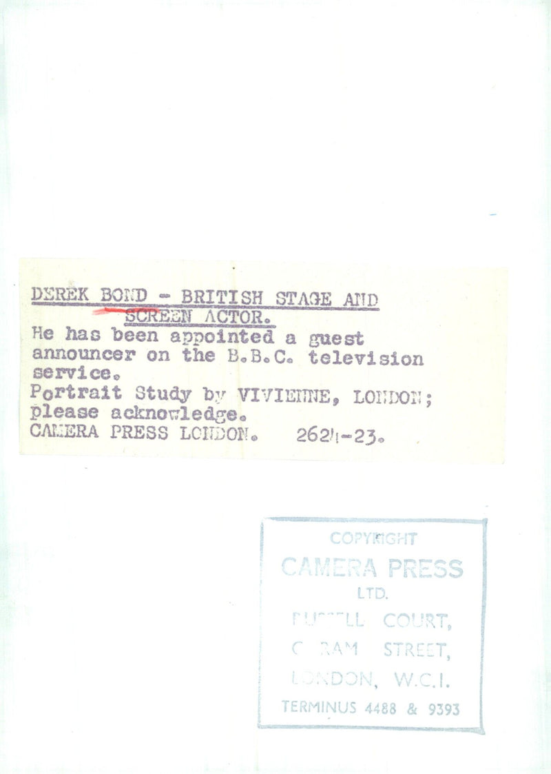 Derek Bond, British stage and screen actor, is appointed a guest announcer on the BBC television service. - Vintage Photograph