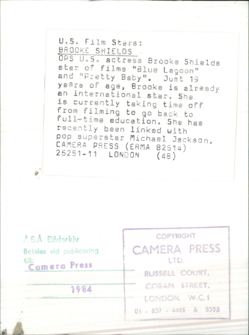 US actress Brooke Shields, 19, takes a break from filming to pursue full-time education. She is best known for her roles in the films "Blue Lagoon" and "Pretty Baby" and has recently been linked with pop superstar Michael Jackson. - Vintage Photograph