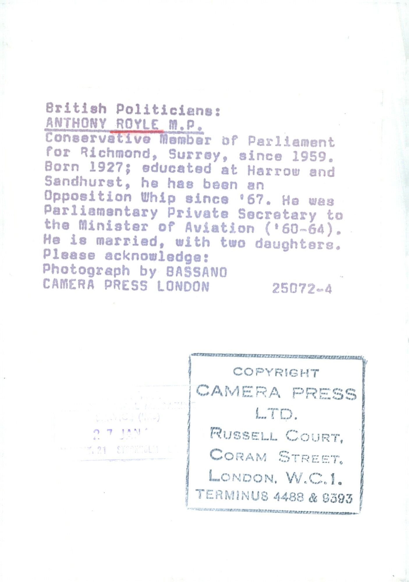 British Politician Anthony Ryle M.P. poses for a portrait in London on