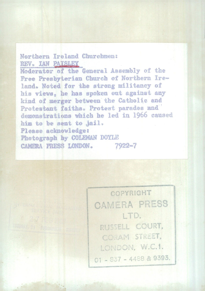 Rev. Ian Paisley, Moderator of the Free Presbyterian Church of Northern Ireland, speaks out against religious mergers and leads protest parades and demonstrations. - Vintage Photograph