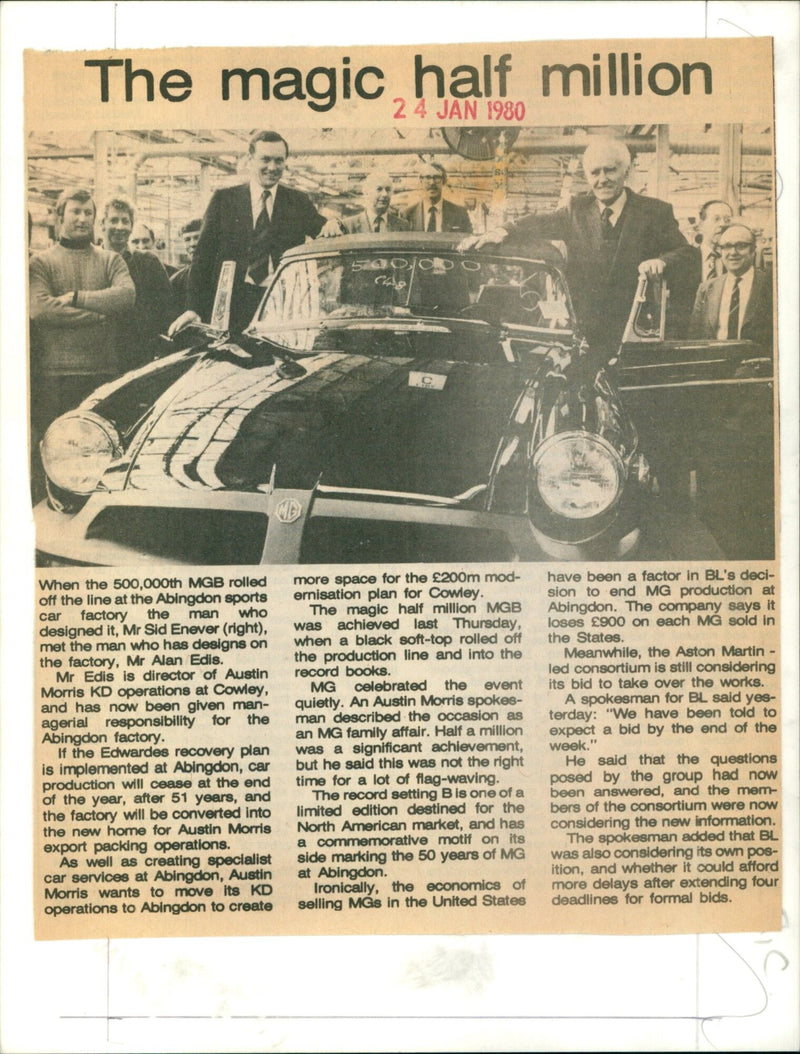 On January 10, 1980, MG celebrated the half-millionth MGB rolling off the production line at Abingdon sports car factory. - Vintage Photograph