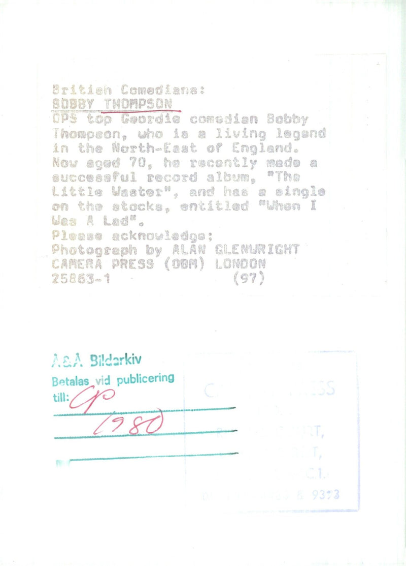 British Comedian Bobby Thompson, aged 70, poses for the camera at his home in the North-East of England. Thompson recently released an album, "The Little Waster", and has a single on the stocks, entitled "When I Was A Lad". - Vintage Photograph