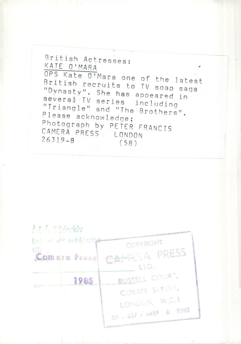 British actress Kate O'Mara poses for a portrait while starring in the TV soap saga "Dynasty". Photographer: Peter Francis/Camera Press. - Vintage Photograph