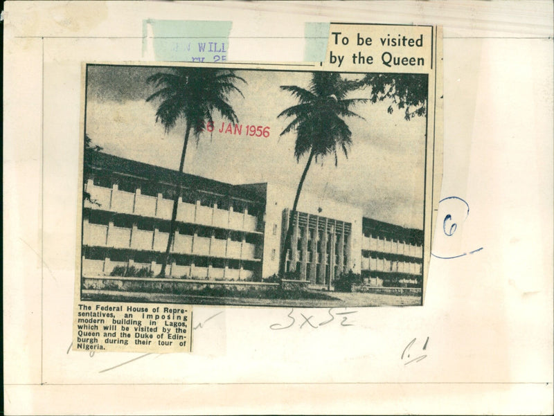 Members of the Federal House of Representatives stand in front of the newly built modern building which the Queen and Duke of Edinburgh will visit during their tour of Nigeria. - Vintage Photograph