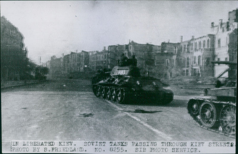 Soviet tanks passing through Kiev streets. - Vintage Photograph