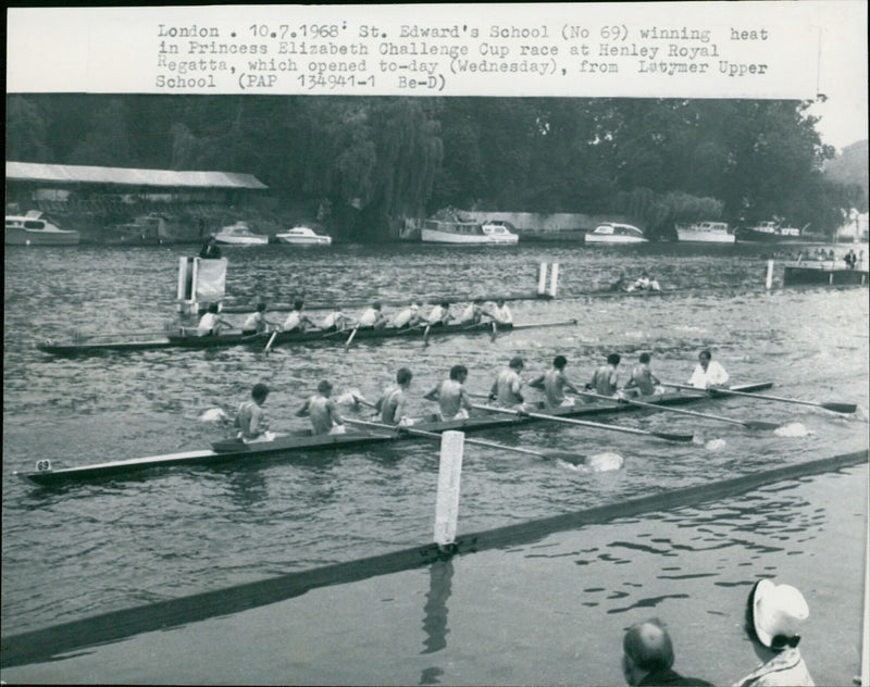 St. Edward's School (No 69) competing in the Princess Elizabeth Challenge Cup race at the Henley Royal Regatta. - Vintage Photograph