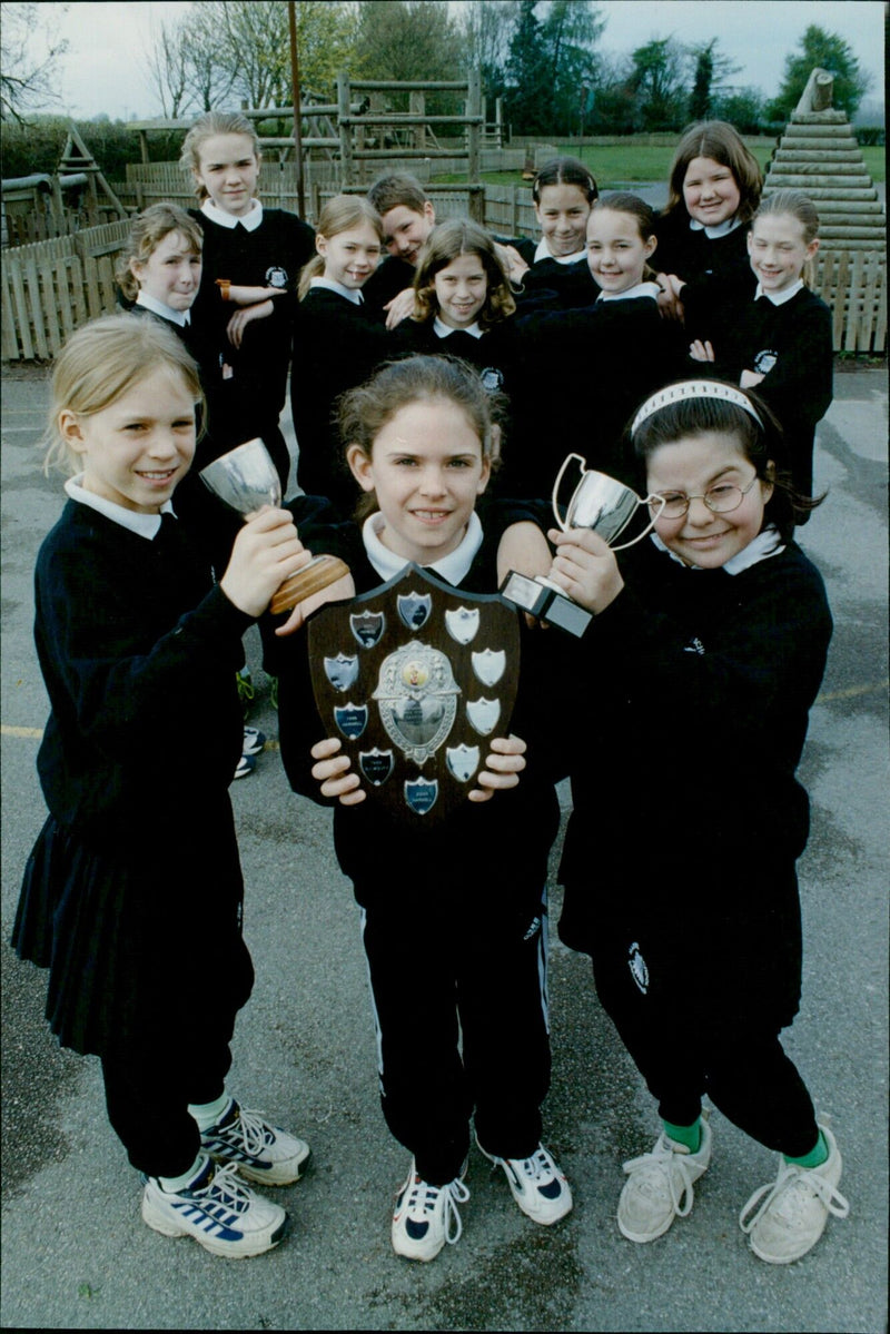 Harwell Primary School's netball team celebrates their Harwell Trophy win. - Vintage Photograph