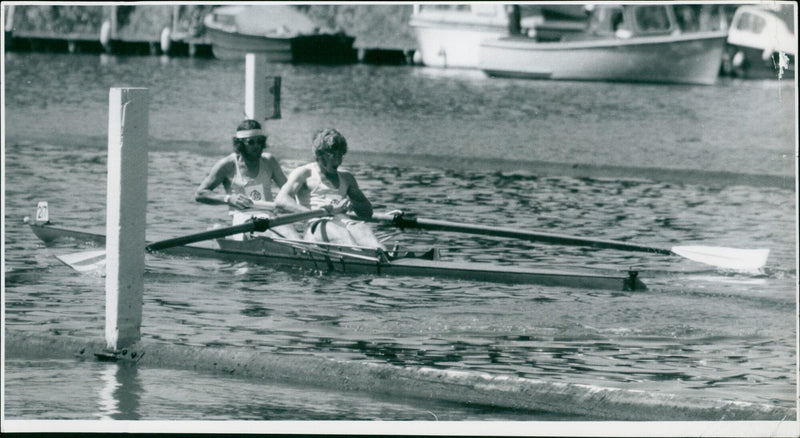 Peattie and J. Blackett of Pembroke College, Cambridge, beat Churchill College by six lengths in the second heat of the Silver Goblets and Nickalls' Challenge Cup. - Vintage Photograph