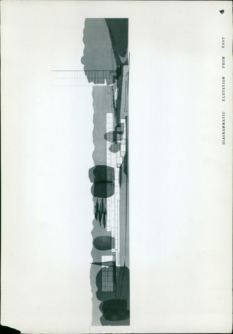 An architectural diagram of a building's elevation from the east. - Vintage Photograph
