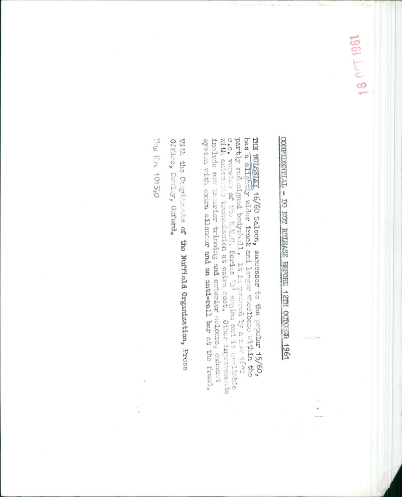 The Wolseley 16/60 Saloon, an upgrade to the popular 15/60 model, features a wider track, longer wheelbase, and a new 1682 c.c. version of the B.M.C. Scrics B engine. - Vintage Photograph