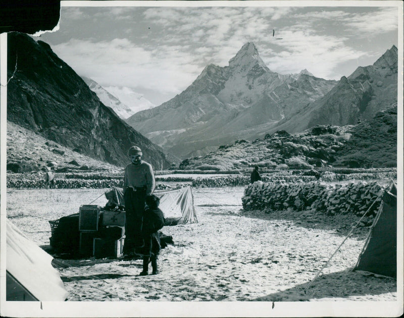 A stark landscape of snow-capped mountains and deep valleys in the Himalaya's. - Vintage Photograph