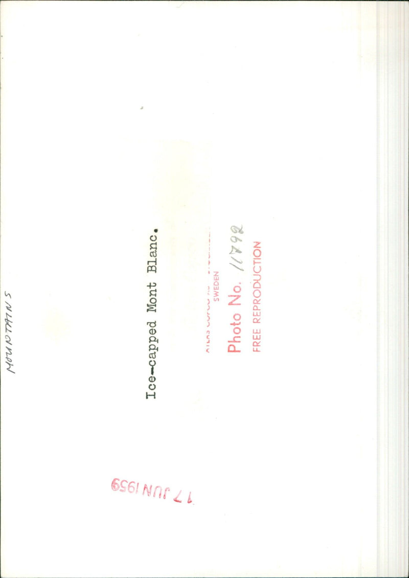 An icy view of Mont Blanc in Sweden on June 17, 1959. - Vintage Photograph